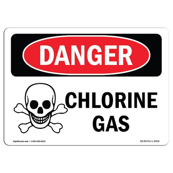 Safety Sign, OSHA Danger, 3.5" Height, 5" Width, Chlorine Gas, Landscape, 10PK
